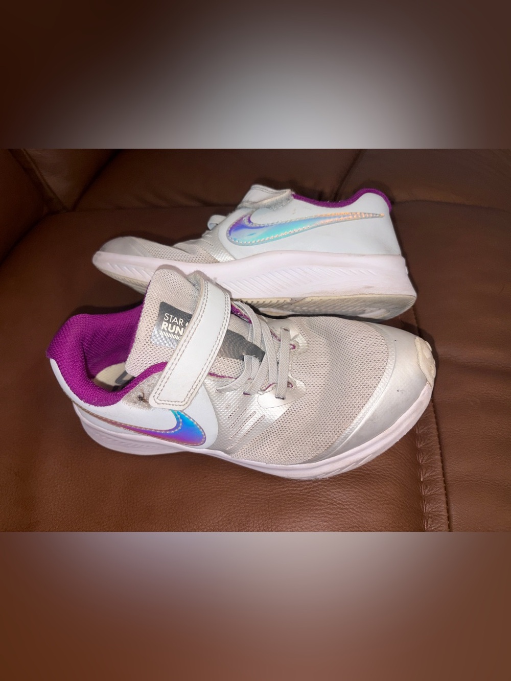 Nike White Sneakers with Iridescent Swoosh and Purple Lining